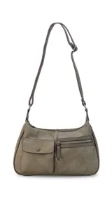 Bandolera color verde musgo con correa ajustable, dos compartimentos principales con cierre, un bolsillo trasero con cierre y dos bolsillos frontales, uno con botón y otro con cierre.