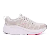 Championes deportivos Skechers Max Cushioning Elite 2.0, color blanco con detalles en gris y rosa. Capellada de malla con cordones, plantilla Air-Cooled Goga Mat con infusión de cobre, entresuela Ultra Go y tecnología Natural Rocker.