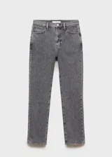 Jeans de corte slim y diseño crop, confeccionados en tejido de algodón elástico con lavado gris oscuro. Presentan tiro medio, cierre de cremallera con botón, trabillas en la cintura y diseño clásico de cinco bolsillos.