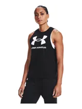 Musculosa deportiva Under Armour de color negro, con cuello redondo y estampa frontal del logo de la marca en color blanco. Presenta un corte sin mangas con sisas amplias.