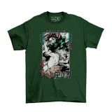 Remera de algodón color verde oscuro con estampa frontal de los personajes Tanjiro Kamado e Inosuke Hashibira del anime Kimetsu No Yaiba.