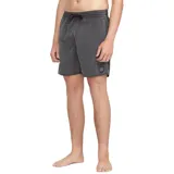 Short de baño Volcom modelo Center Trunk color gris, con cintura elástica ajustable con cordón negro y un pequeño parche circular de la marca en el borde inferior.