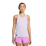 Musculosa deportiva Saucony Stopwatch color lila, con logo reflectivo en el pecho y espalda deportiva.