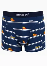 Boxer de algodón azul marino con estampado de rayas horizontales blancas y gráficos tipo cómic con la palabra 'BOOM'. Cuenta con cintura elástica con el logo de la marca.