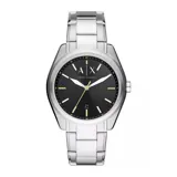 Reloj analógico Armani Exchange modelo Giacomo con caja y malla de acero inoxidable plateado. Presenta una esfera negra con índices luminiscentes en tono verde lima, manecillas plateadas y ventana de fecha a las seis.