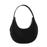Cartera tipo hobo de diseño semicircular, color beige, con textura granulada. Presenta un detalle de labios grabado en la parte superior central y el logo de la marca en la parte inferior. Cuenta con un asa fija para llevar al hombro y cierre superior.