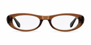 Armazón de receta con diseño ovalado de estilo moderno y urbano, fabricado en material bio-based con patillas de propionato de celulosa en color marrón traslúcido.