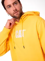 Buzo con capucha y bolsillo tipo canguro, color amarillo vibrante con logo de la marca Caterpillar bordado en blanco en el pecho. Presenta puños y bajo acanalados.