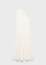Vestido largo de diseño asimétrico con un solo hombro, confeccionado en tejido combinado con falda fluida y cuerpo ajustado.