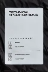 Campera deportiva negra híbrida con cuerpo acolchado y mangas de tejido elástico. Presenta cuello alto, cierre frontal con protección para el mentón, bolsillos laterales y bolsillos interiores.