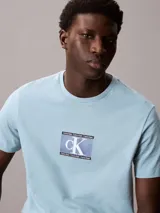Remera de manga corta y cuello redondo en color celeste, con estampado frontal de logo Calvin Klein en un recuadro central.