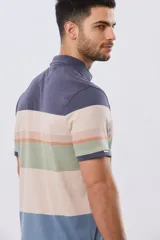 Remera polo de manga corta con diseño de franjas horizontales en tonos azul, beige, verde y terracota. Presenta cuello camisero con cierre frontal de dos botones y un pequeño bordado en el pecho.