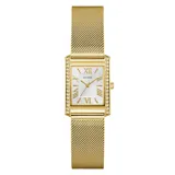 Reloj analógico de cuarzo con caja rectangular de acero inoxidable en tono dorado. Presenta una esfera blanca con números romanos y está adornado con cristales en los laterales de la caja. La correa es de acero inoxidable tipo malla milanesa en tono dorado.