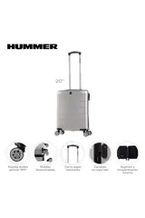 Valija carry on de diseño rígido y color gris, con ruedas dobles spinner 360 grados desmontables, candado incorporado y sistema de sujeción interno.