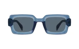 Lentes de sol rectangulares con marco de acetato celeste y lentes grises.