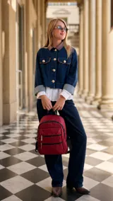 Mochila de tafeta color bordó, con compartimento principal con cierre, bolsillo frontal con doble cierre metálico y correas regulables.