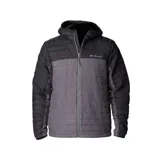 Campera acolchada Columbia Silver Falls con capucha y aislamiento sintético, color gris y negro. Tiene cierre frontal, bolsillos laterales con cierre, puños elásticos y dobladillo ajustable con cordón. Se puede guardar en su propio bolsillo.