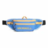 Riñonera Merrell modelo Crest de 1.5 litros, color azul con detalles en naranja. Cuenta con compartimento principal con cierre, bolsillo frontal con cierre, panel trasero de malla y correa ajustable con hebilla.
