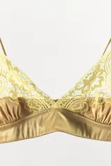 Sujetador triangular confeccionado en tejido satinado con escote en pico y tirantes finos ajustables. Presenta detalle de aplicación de encaje a tono en las copas y cierre en la espalda con ganchos metálicos.