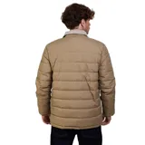 Campera parka acolchada de hombre, color beige, con cierre frontal de botones, cuello de cotelé en contraste y bolsillo en el pecho con solapa.