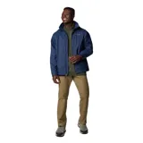 Campera impermeable Columbia modelo Glennaker Lake, color azul marino. Presenta cierre frontal completo, capucha oculta en el cuello, bolsillos laterales con cierre y puños ajustables. Diseño ligero y funcional con tecnología Omni-Shield para protección contra la humedad.