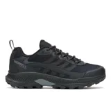 Championes de senderismo Merrell modelo Speed Strike 2 Waterproof, color negro. Presentan una construcción robusta con membrana impermeable, parte superior de malla y cuero sintético, entresuela de espuma EVA para mayor estabilidad y suela de goma con tracción de alta adherencia.