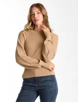 Buzo de tejido combinado marca Zac & Rachel, color beige, con cuerpo de punto acanalado y mangas con diseño calado. Presenta cuello redondo y puños ajustados.