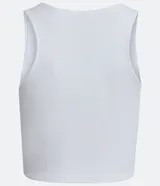 Top cropped sin mangas, color marrón oscuro, de corte ajustado al cuerpo y cuello redondo. Presenta textura acanalada.