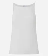 Blusa femenina sin mangas, confeccionada en tejido de algodón con elastano. Presenta un diseño ajustado al cuerpo con escote halter y tirantes finos elásticos.