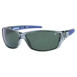 Lentes de sol Caterpillar con armazón de acetato transparente en tono gris y patillas con detalles en azul. Cuentan con cristales oscuros y logo de la marca grabado en el lente y en las patillas.