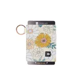 Billetera elástica con estampado de flores en tonos beige, amarillo y verde.