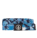 Cinturón Volcom de tejido resistente con estampado tie-dye en tonos azules y hebilla metálica negra con el logo de la marca.