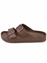 Sandalias de dos tiras negras con hebillas ajustables, plantilla anatómica y diseño ergonómico.