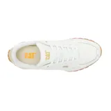 Sneakers Caterpillar modelo Trigen Ws para mujer, de color blanco con detalles dorados y fucsia, y suela dentada de goma marrón.