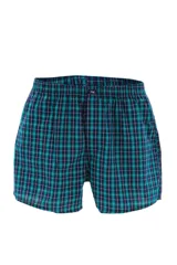 Calzoncillo tipo bóxer de tela a cuadros en tonos azul, verde y blanco, con cintura elástica.