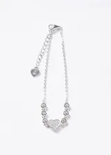 Pulsera de plata 925 con cadena eslabonada tipo forcé, decorada con circones engastados como puntos de luz y un dije central en forma de corazón cubierto de circones pavé. Cuenta con cadena de extensión terminada en un pequeño dije con forma de corazón y cierre de mosquetón.