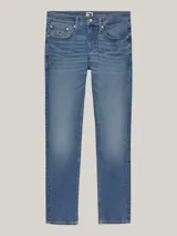 Jeans Tommy Jeans modelo Scanton, corte slim, color azul denim de lavado medio con efecto desteñido y arrugas en los muslos.