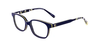 Anteojos de acetato color azul con detalles en amarillo y estampado de personajes de los Minions en las patillas.