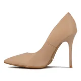 Zapato de tacón alto Vizzano, color blanco, con punta fina y tacón de aguja. Presenta un pequeño logo metálico en el lateral exterior.