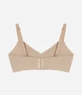 Soutien color marrón con copa desmontable, escote en V, tirantes ajustables y cierre en la espalda.