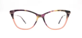 Armazón para lentes de acetato con forma de ojo de gato, con frente superior en tonos púrpura, amarillo y marrón, frente inferior color salmón y patillas doradas.
