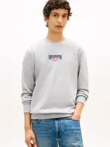 Buzo gris melange de cuello redondo, con el logo y letras de la marca bordados en el centro del pecho. Cuenta con puños, cuello y dobladillo de canalé.