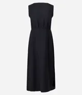Vestido midi sin mangas de crepé negro, con escote redondo, espalda abierta con tiras cruzadas y tajo lateral en la falda.