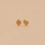Par de aros abridores de oro amarillo 9k con forma de corazón y circonia rosa.