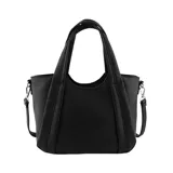 Cartera marrón con doble asa corta y correa larga desmontable. Tiene el logo de la marca en dorado y detalles de costuras verticales en el frente.