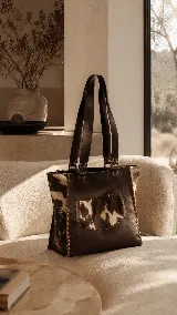 Bolso tipo tote bag de cuero marrón con detalles en pelo natural estampado tipo animal print de vaca, con asas largas para llevar al hombro y bolsillo exterior.