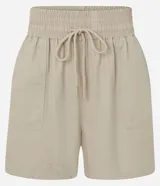 Short runner marrón de sarga con cintura mediana elástica, lazo de ajuste y bolsillos laterales.