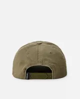 Gorro tipo gorra con visera de marca Rip Curl, color verde militar, con bordado frontal con texto "Search Rip Curl" y diseño abstracto en negro y rojo.
