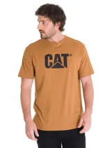 Remera Caterpillar de manga corta y cuello redondo, color marrón con gran logotipo negro impreso en el pecho.