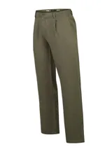 Pantalón de corte recto y holgado color verde militar, con pinzas en la parte delantera y bolsillos laterales.